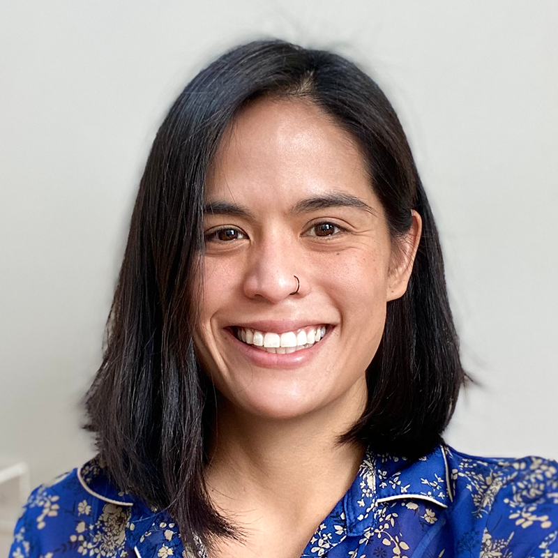 Jennifer Panlilio in a blue silk floral blouse