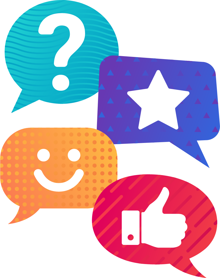 Multicolored speech bubbles with different symbols in them, like a question mark, star, smiley face, and thumbs-up