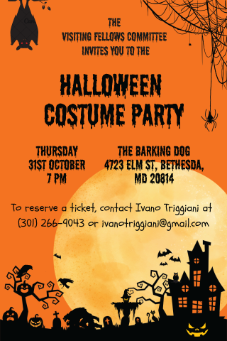 Flyer for the Visiting Fellows Committee's Halloween Costume Party with time, date, location, and contact information. The design features spooky imagery like bats, pumpkins, and a creepy house.