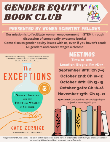 Flyer for the Gender Equity Book Club. Along with the dates, contact info, and an image of the book cover for 'The Exceptions,', the flyer reads, "Our mission is to facilitate women empowerment in STEM through discussion of some really awesome books! Come discuss gender equity issues with is, even if you haven't read! All genders and career stages welcome!