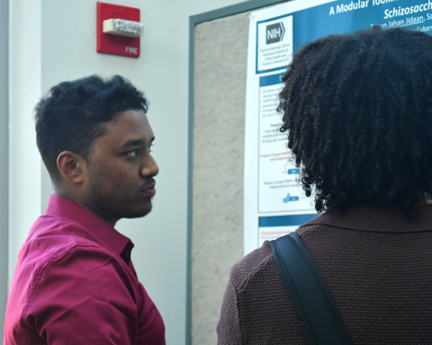 Two fellows read a research poster