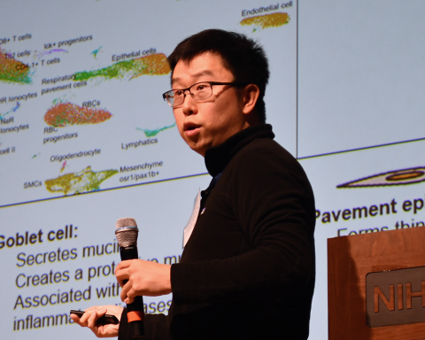 A fellow holds a microphone as a large scientific image is projected onto a screen behind them